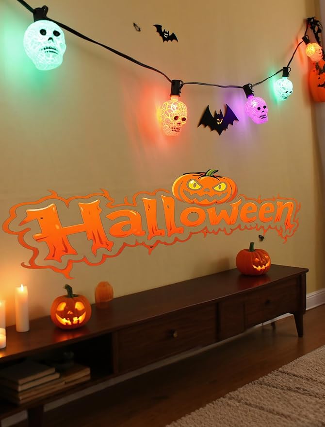 10.5ft Halloween Skull Lights Plug In, UL Certified Connectable String Lights for Outdoor Indoor Halloween Decor, Waterproof Spooky Decorations with Spare Bulb & Clips for Yard, Party, Porch