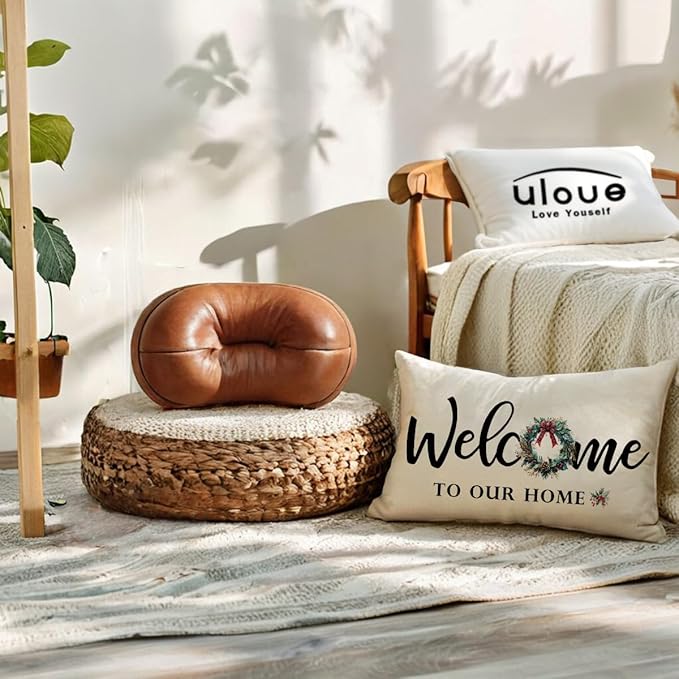 Christmas Welcome Throw Pillow Covers 12 x 20 Inch Farmhouse Seasonal Holiday Decorative Lumbar Pillowcases with Xmas Wreath Design Cushion Covers for Front Porch Decor (Red/Green)