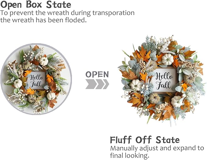 20inch Thanksgiving Fall Wreath, Eucalyptus Berries Pumpkins Lamb Ears Leaves Autumn Wreaths for Front Door, Fall Decor, Porch Wall, Home Outdoor Holiday Decorations Wreath for Autumn