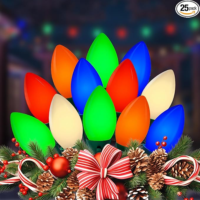 25FT C9 Christmas Lights Outdoor,Vintage Christmas Lights with 26 C9 Multicolor Shatterproof Plastic Bulbs,Connectable Multicolor LED String Light for Xmas Tree Roofline Indoor Outdoor Decor