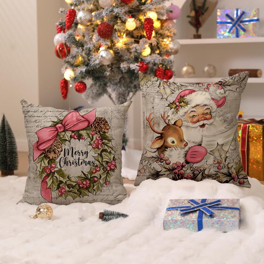 DFXSZ Christmas Pillow Covers 18x18 inch Set of 4 Pink Santa Claus Reindeer Decorative Vintage Throw Pillow Covers Winter Retro Farmhouse Decoration for Home Couch BTHZ-140E18