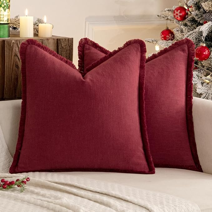 MIULEE Christmas Decorative Throw Pillow Covers Neutral Linen Fringe Throw Pillows Set of 2 Burgundy Boho Farmhouse Cushion Covers with Tassels for Couch Sofa Bed Living Room Home Decor 20x20 Inch