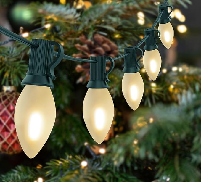 25Ft C7 LED Christmas string Lights, C7 Outdoor Frosted White String Lights with 27 LED Frosted Bulbs, Hanging Vintage Christmas Lights for Christmas Backyard Carnival Patio Wedding Holiday Decoration