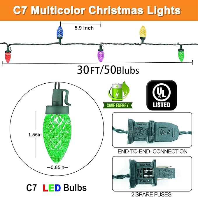 C7 LED Christmas String Lights, 30 FT 50 Colorful Strawberry LED Bulbs, Hanging C7 Christmas Lights Indoor Outdoor for Xmas Tree Holiday Garden Patio Backyard Decor, Multicolor