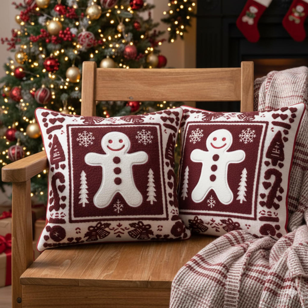 Christmas Throw Pillow Covers 18x18 Set of 2, Embroidered Gingerbread Man Cushion Covers with Snowflake Christmas Tree, Red White Holiday Decorative Pillow Cases for Sofa Couch Living Room Home Decor