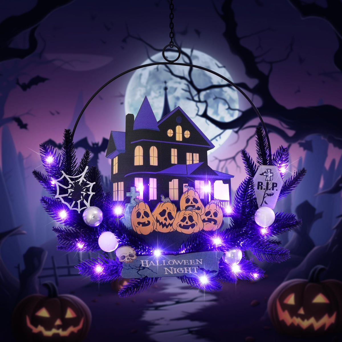 30 LED Lighted Pumpkin Halloween Decoration Wreath for Front Door, Welcome Metal Wooden Hanging Sign Door Wreath Decor, Battery Operated Indoor Outdoor Halloween Wall Decor