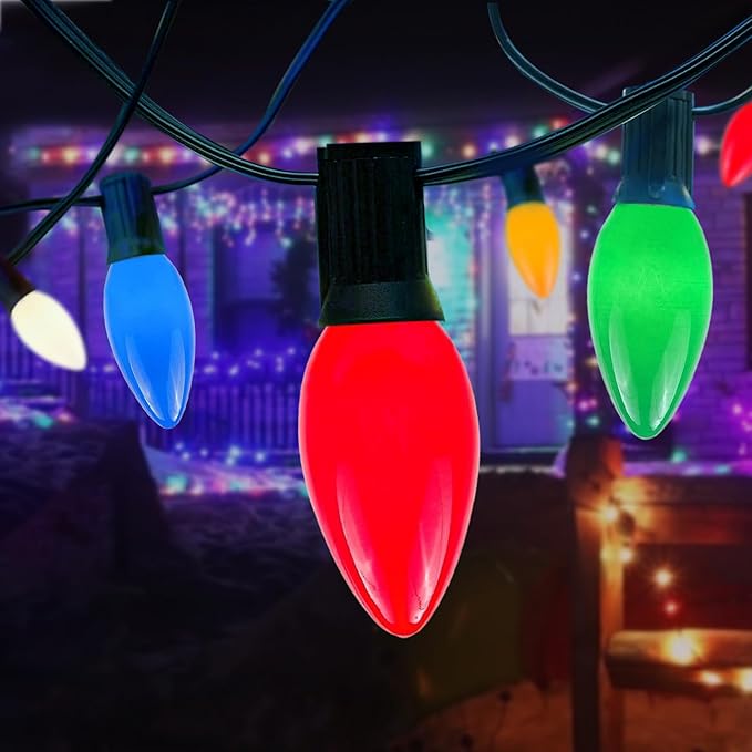 C9 Christmas Lights Outdoor, 25 Ft Multicolor Vintage LED Christmas String Lights for Roofline Xmas Tree Holiday Wedding Party Garden Home Decor - Green Wire