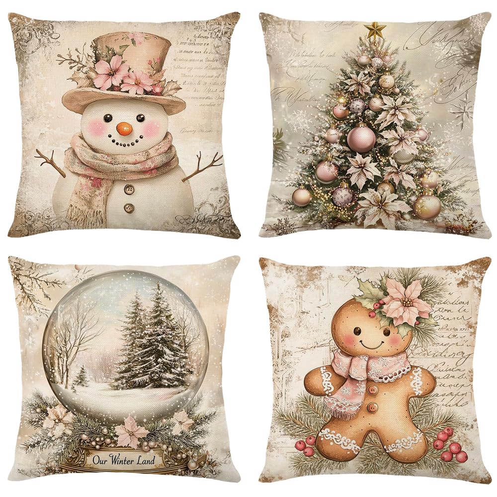 Christmas Throw Pillow Covers 20x20 Inch Set of 4, Vintage Winter Holiday Snow Globe Gingerbread Xmas Trees Snowman Decorative for Couch Sofa Living Room