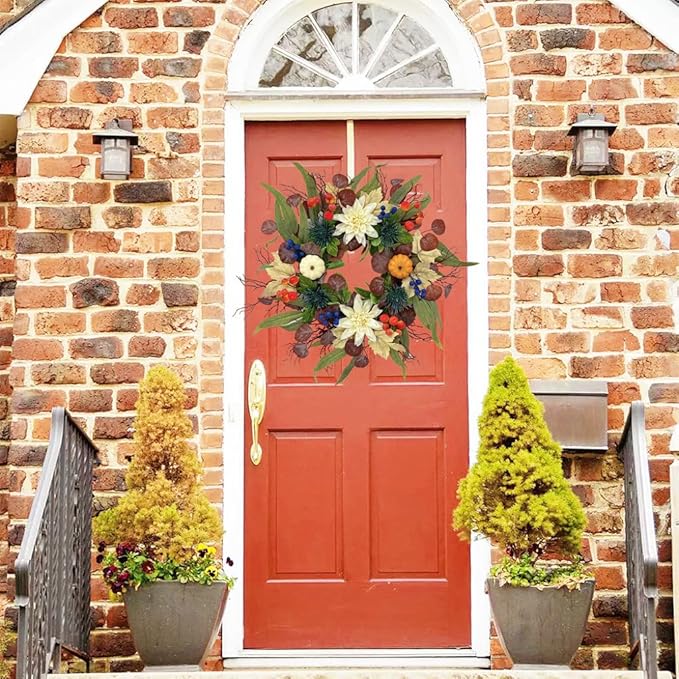 20 Inch Fall Wreath for Front Door, Artificial Thanskgiving Autumn Wreath with Pumpkins, Berries, Dahlia and Silk Leaves for Farmhouse Home Window Wall Office Indoor Outdoor Decorations