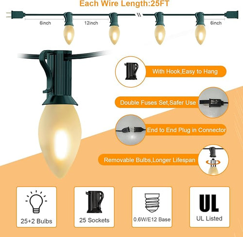 25Ft C7 LED Christmas string Lights, C7 Outdoor Frosted White String Lights with 27 LED Frosted Bulbs, Hanging Vintage Christmas Lights for Christmas Backyard Carnival Patio Wedding Holiday Decoration