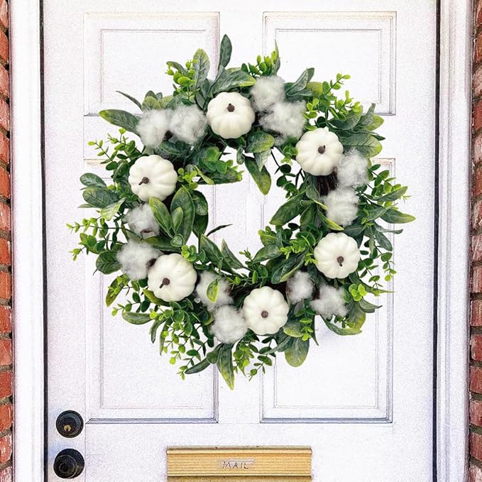 18 Inch Thanksgiving Fall Wreath for Front Door, Autumn Artificial Wreath with White Pumpkin, Cotton, Greenery Leaves for Farmhouse Home Window Wall Office Wedding Indoor Outdoor Decorations
