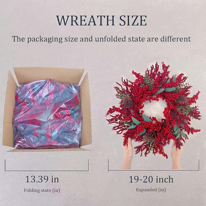 20 Inch Christmas Wreath for Front Door, Artificial Berry with Pinecone, Artificial Red Berry Flower Garlands, Used for Window, Wall, Porch, and Other Indoor and Out Door Home Decorations