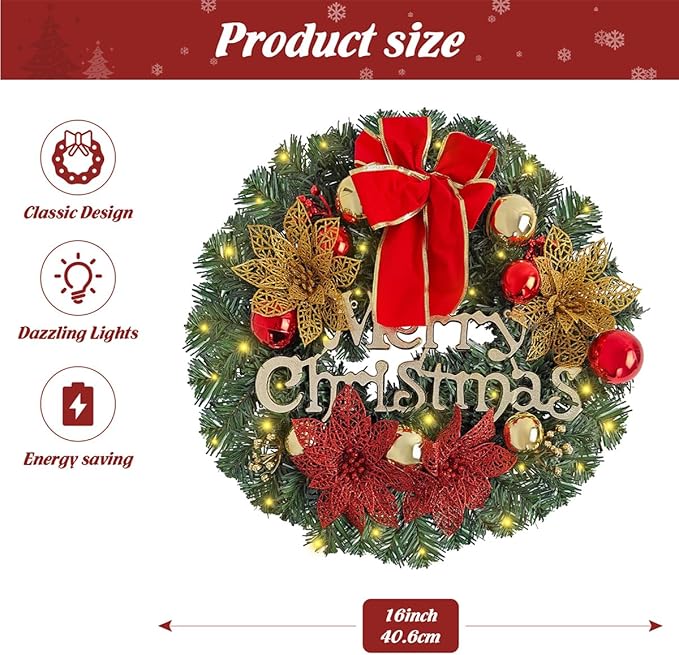FR Artificial Pre-Lit Fir Christmas Wreath Holiday Accent Decoration, Wintry Pine, Decorated with Pine Cones Berry Clusters Frosted Branches, with LED Lights for Door, Mantel 16 Inch