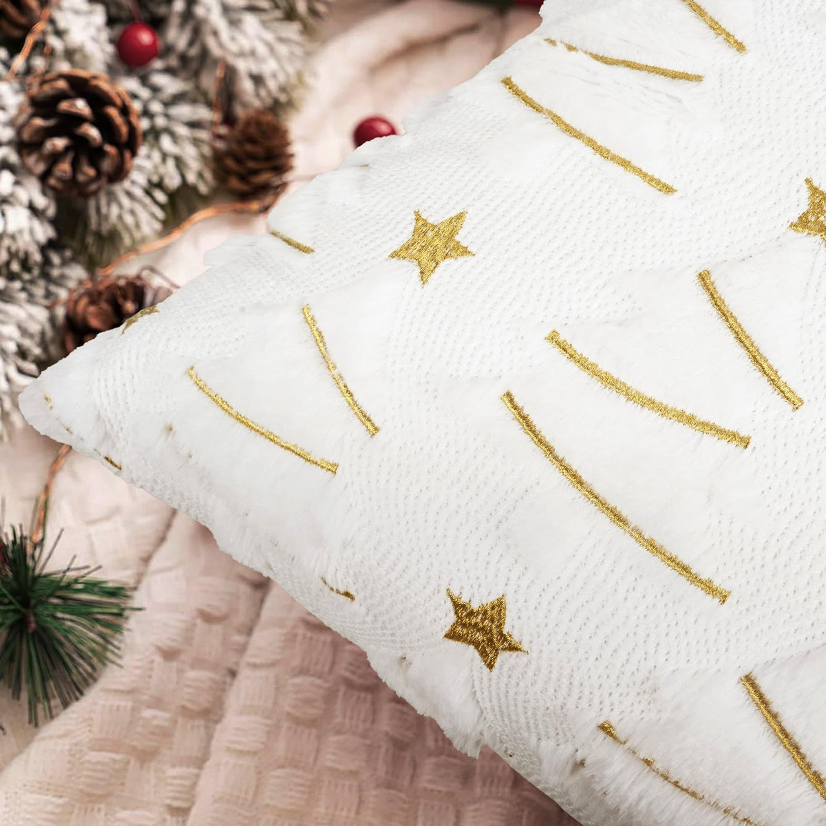Merrycolor White Christmas Pillow Covers18x18 Inche Set of 2 Soft Plush Faux Fur Christmas Tree Throw Pillow Covers with Gold Star Embroidery Decoration Winter Holiday Home Decor