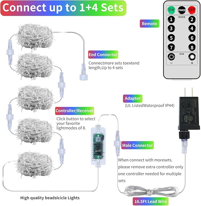 600 LED Christmas Icicle Lights Plug-in, 59ft + 16ft Multi Color Hang Icicle String Lights with Remote, 8 Modes Colorful Twinkle Icicle Fairy Lights Waterproof for Outside Eave Window Outdoor Decor