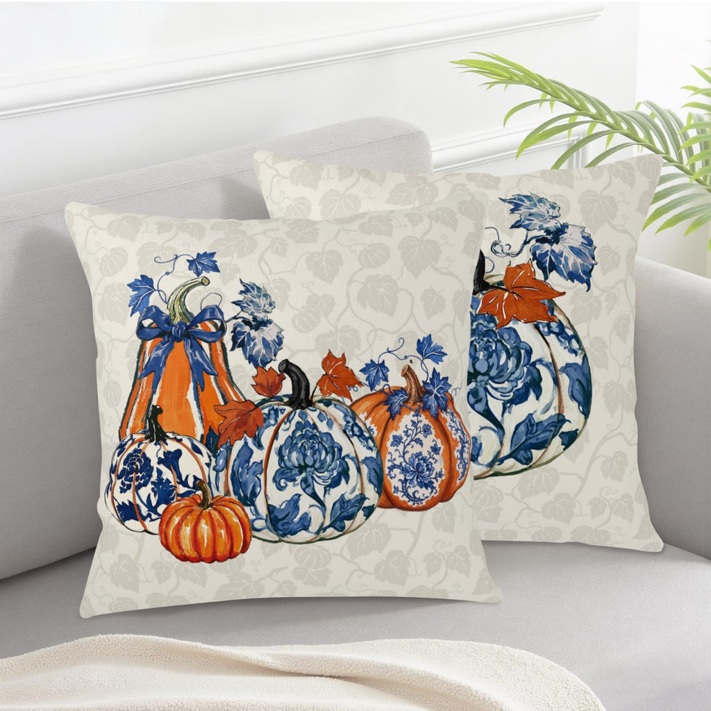 ABSOP Fall Orange Blue Pumpkin Pillow Covers 18x18 Inch Autumn Decorative Throw Pillow Covers Set of 2 Thanksgiving Harvest Pillowcases for Soft Couch Room Decor