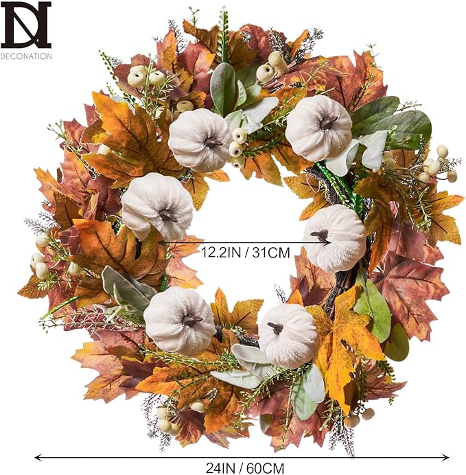 DN DECONATION 24“ Fall Wreaths for Front Door Decor, Autumn Harvest Wreaths for Porch Door Outdoor, Fall Wreath Decorations for Home Outside Thanksgiving, White Pumpkins Wreath