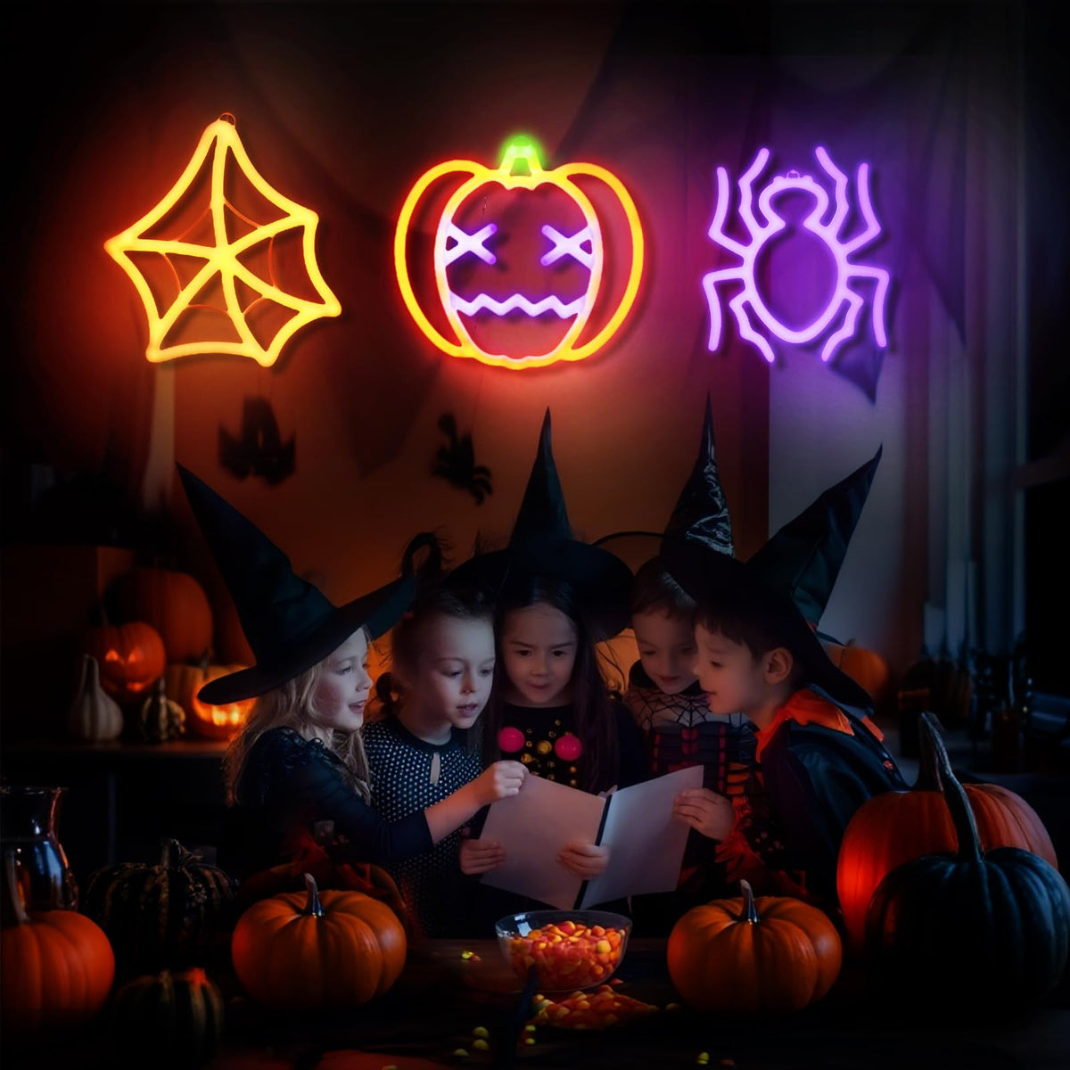 3 Pack Halloween Neon Sign for Wall Decor, Pumpkin Spider Neon Light Spider Web LED Lights for Halloween Decorations, Battery or USB Powered, Light up Sign for Party, Home, Room, Window Decor