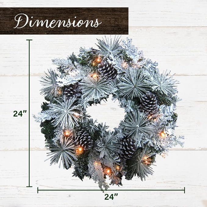 Fraser Hill Farm 24-inch Flocked Christmas Wreath with Pinecones and White LED Lights, Battery Operated Artificial Holiday Hanging Decoration for Door, Wall, Mantel