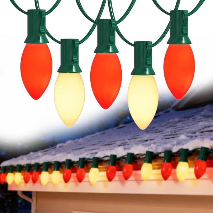 Red and White LED Christmas Lights,25FT Vintage C9 Red White Christmas Lights Outdoor with 26 LED Bulbs,Commercial Extendable Xmas Light for Roofline Patio Holiday Party Backyard Xmas Decor