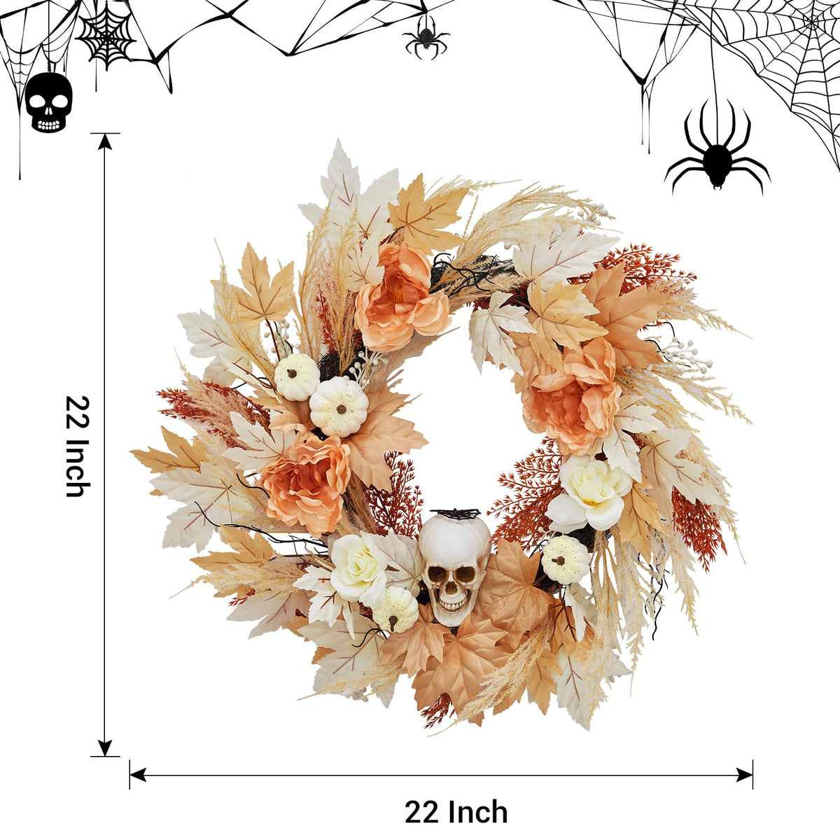 GarveeHome 22 in Halloween Skull Wreaths for Front Door, Fall Maple Leaves Wreath with Lights White Pumpkins Roses, Halloween Decorations for Porch Window Indoor Outdoor Decor