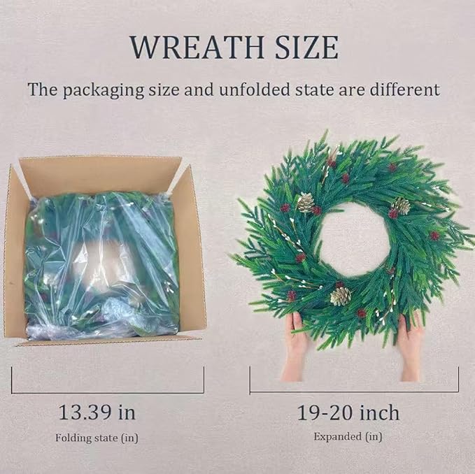 20 Inch Christmas Wreath for Front Door, Artificial Realistic Green Pine with Gold Pinecone, Door Wall Window Fireplace Party Decor
