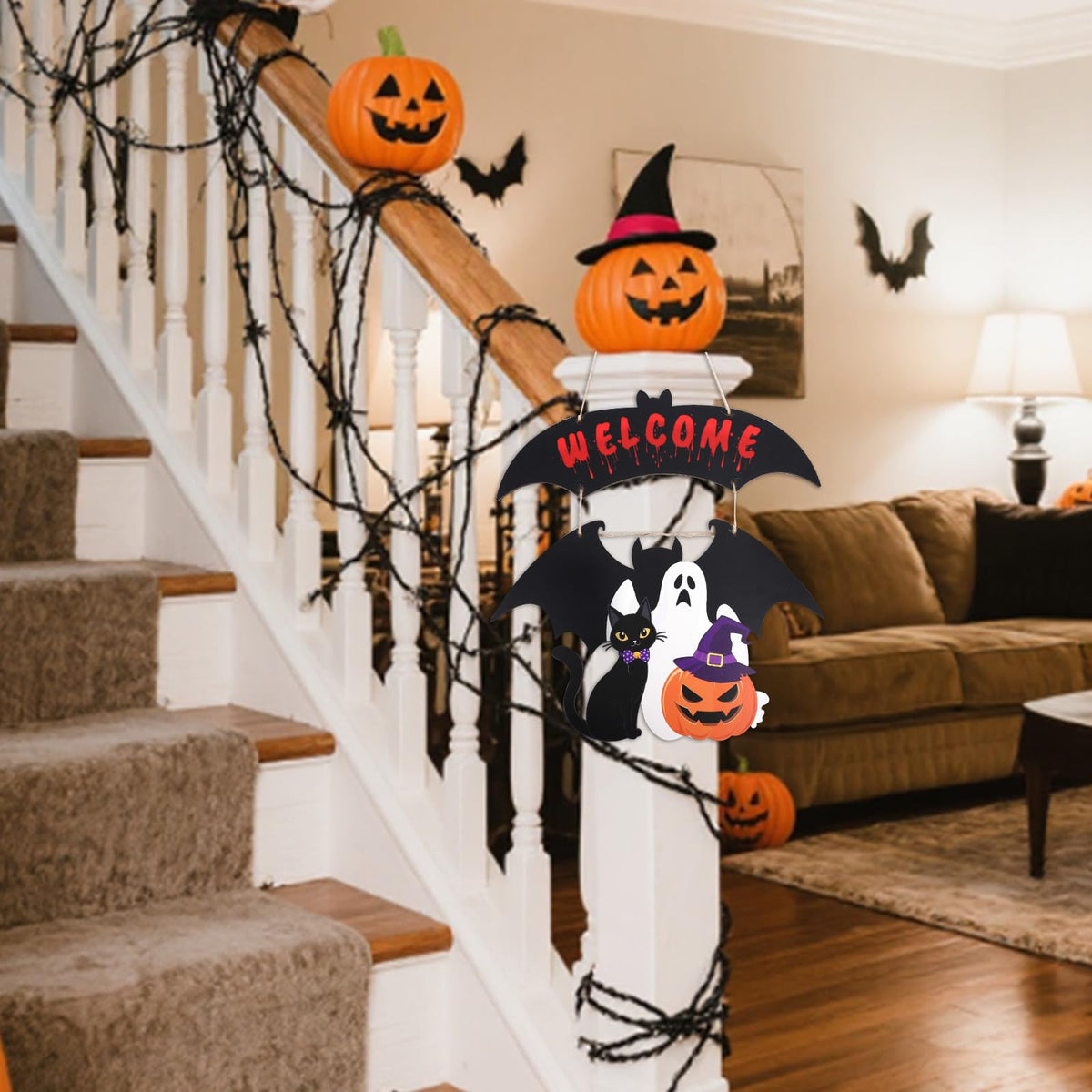 Halloween Door Wreath, Wooden Halloween Ghost Front Door Welcome Wreath Funny Pumpkin Black Cat Hanger Reef Decoration Ideal for Wall Indoor Outdoor Party Decor Supply