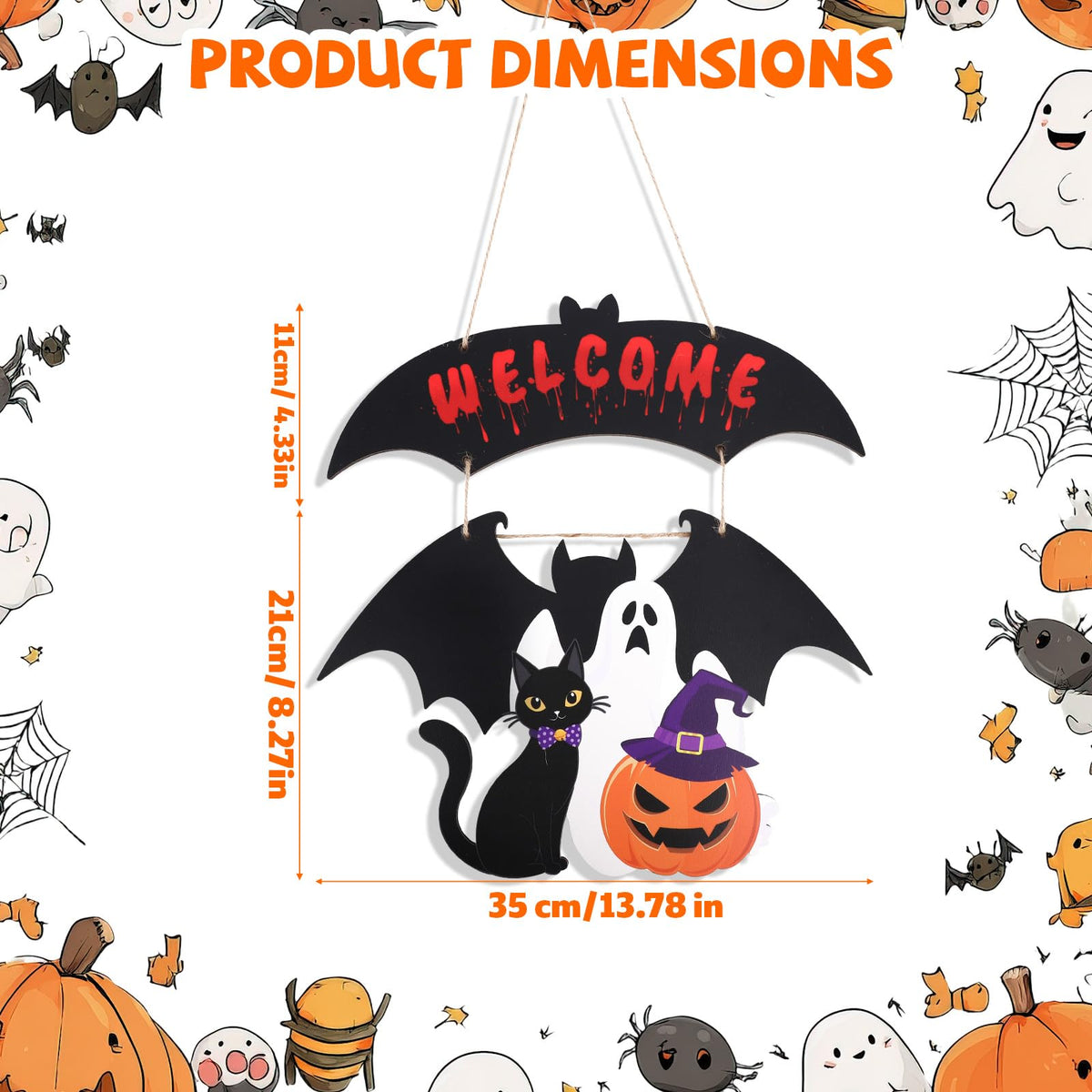 Halloween Door Wreath, Wooden Halloween Ghost Front Door Welcome Wreath Funny Pumpkin Black Cat Hanger Reef Decoration Ideal for Wall Indoor Outdoor Party Decor Supply