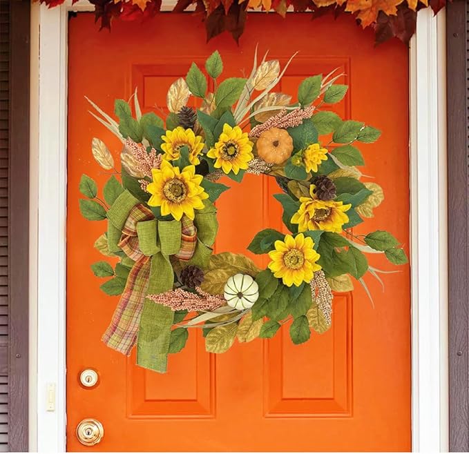 20 Inch Fall Wreath for Front Door, Sunflower Autumn Wreath with Pumpkins and Bow for Thanksgiving Farmhouse Home Window Wall Office Wedding Indoor Outdoor Decorations