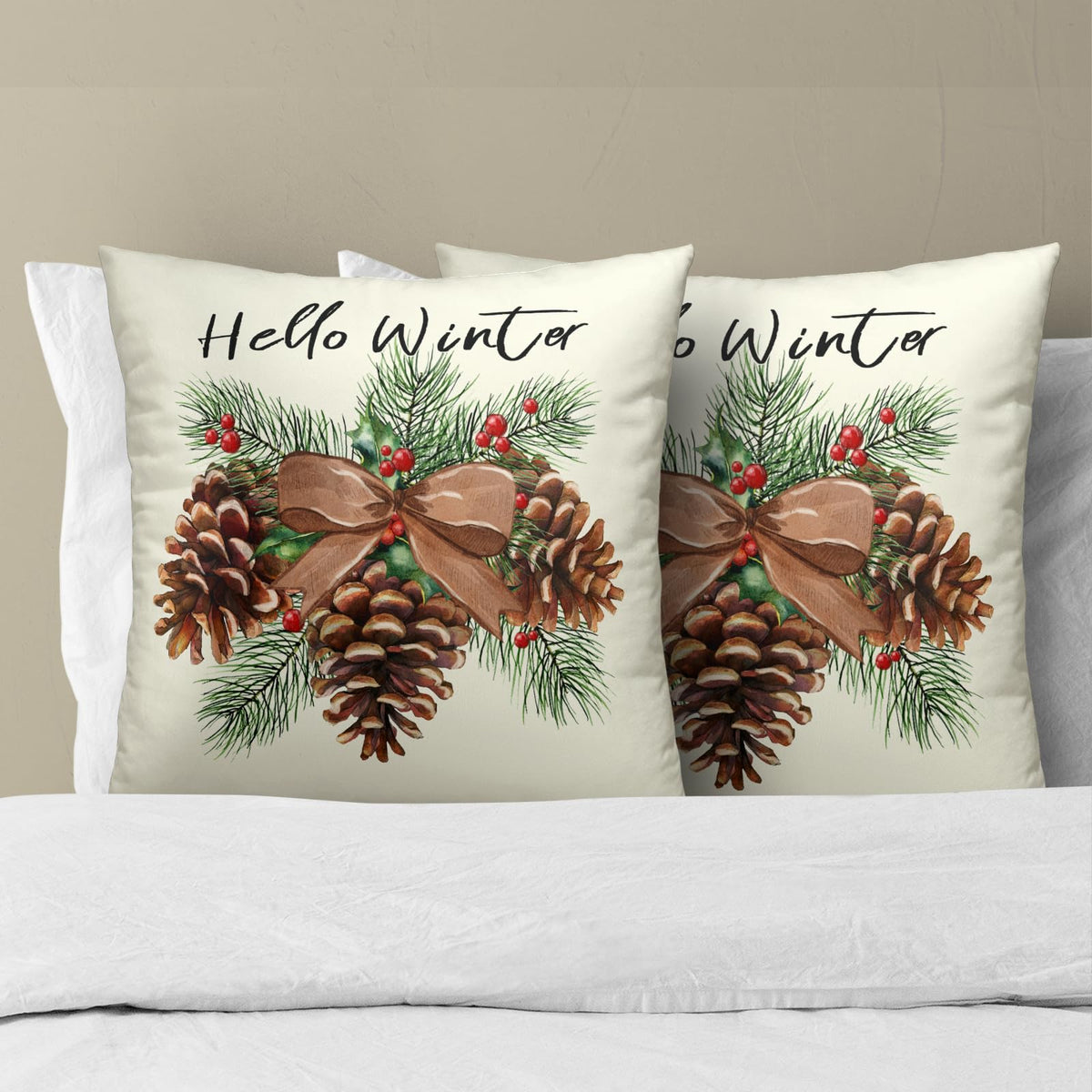 Winter Pinecone Pillowcase Set of 2 Pine Cone and Leaf Decor Throw Pillows Square 18x18 Inch Xmas Merry Christmas Holiday Winter Pillow Cushion Covers for Home Living Room Bed Sofa Outdoor Couch