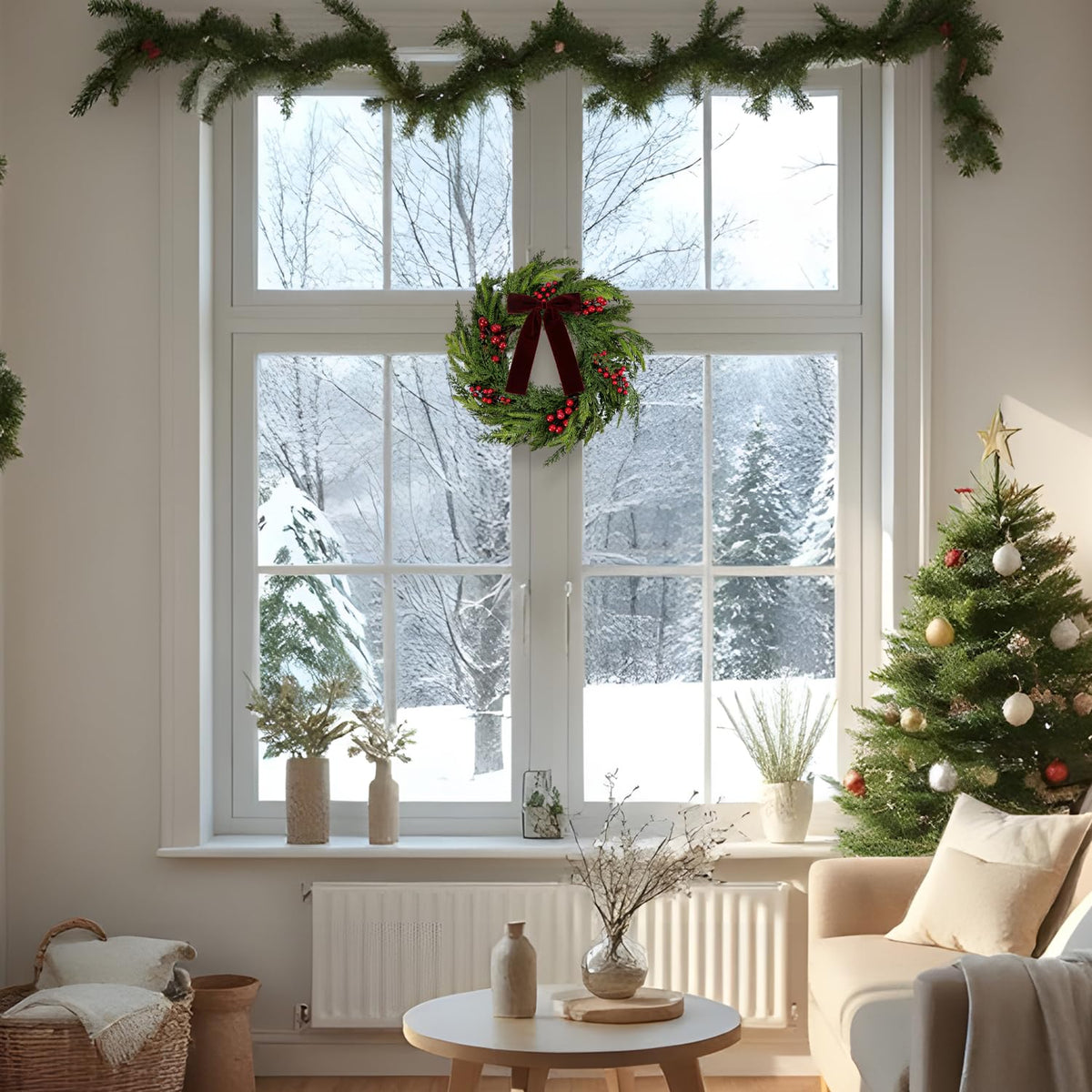 50cm Realistic Norfolk Pine Wreath with Velvet Bow Christmas Faux Cedar Wreaths with Red Berries for Front Door Mantel Window Wall Holiday Winter Indoor Outdoor Home Decoration (Red Berry)