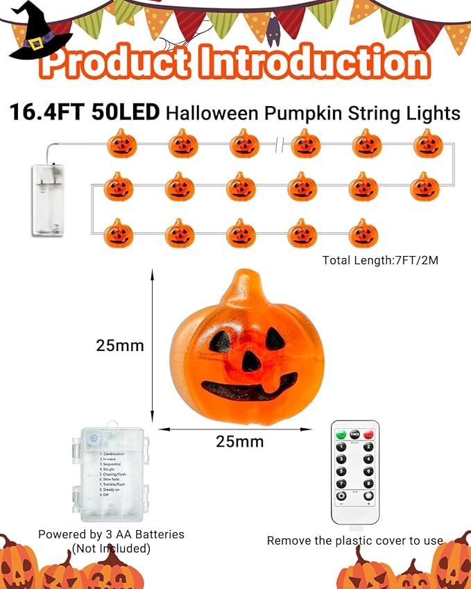 btfarm Halloween Pumpkin String Lights Decorations, 16.4 FT 50 LED Orange Fairy Lights Battery Operated with Remote Timer Waterproof for Indoor Outdoor Home Halloween Party Decorations