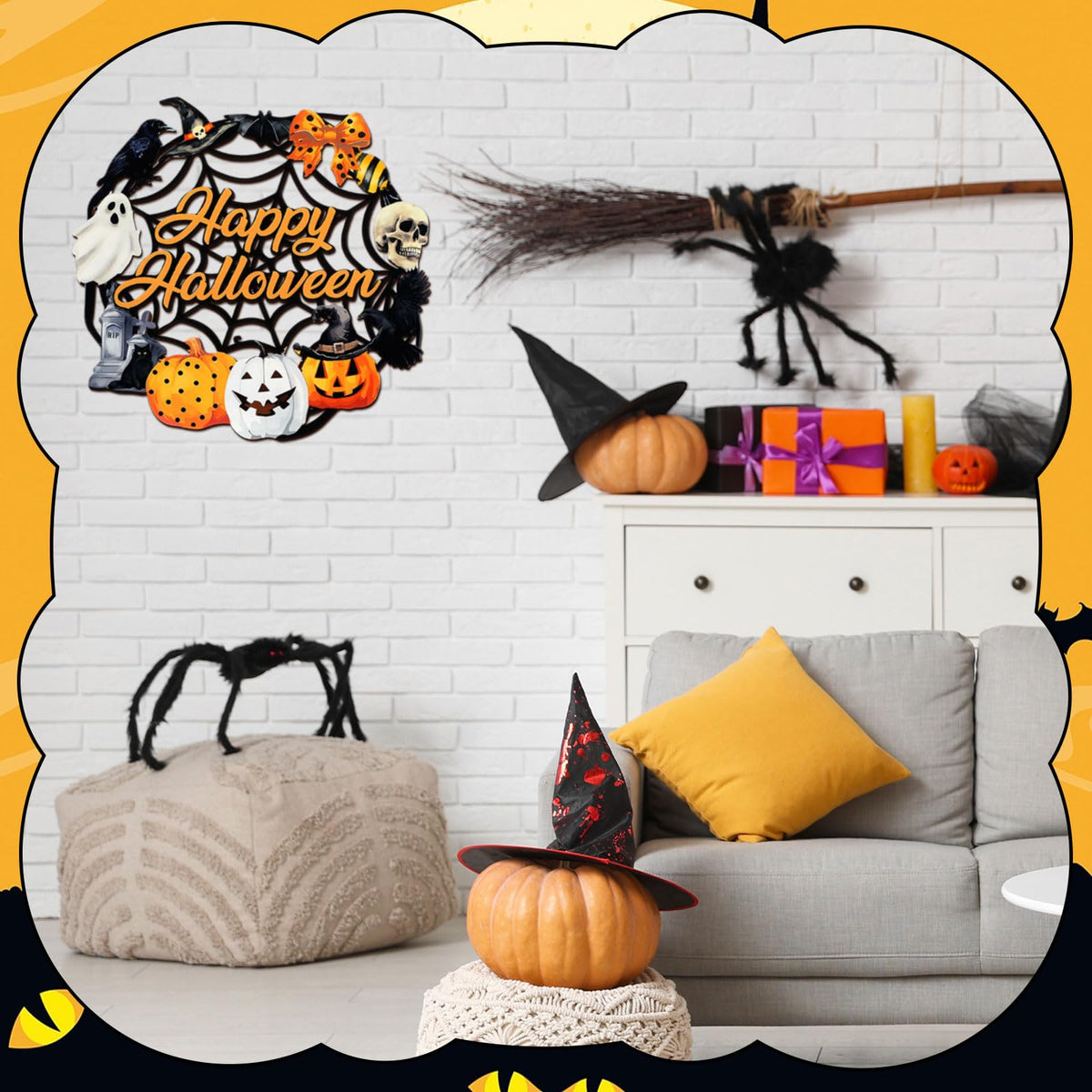 MorningRo Metal Halloween Wreaths for Front Door Ghost Hanging Wreaths Bat Black Pumpkin Hanging Vintage Rustic Halloween Welcome Sign for Porch Wall Home Outdoor, 13 Inch