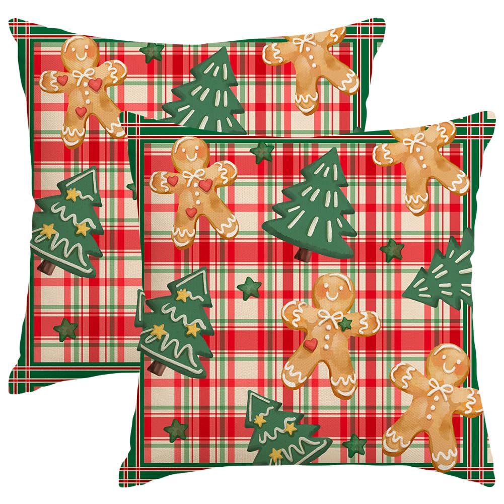 RABUSOFA Christmas Pillow Covers 20x20 Set of 2,Xmas Gingerbread Buffalo Plaid Cushion Case Farmhouse Decoration for Holiday Home Sofa Couch(Multicolor, 20" x 20" (Pack of 2))