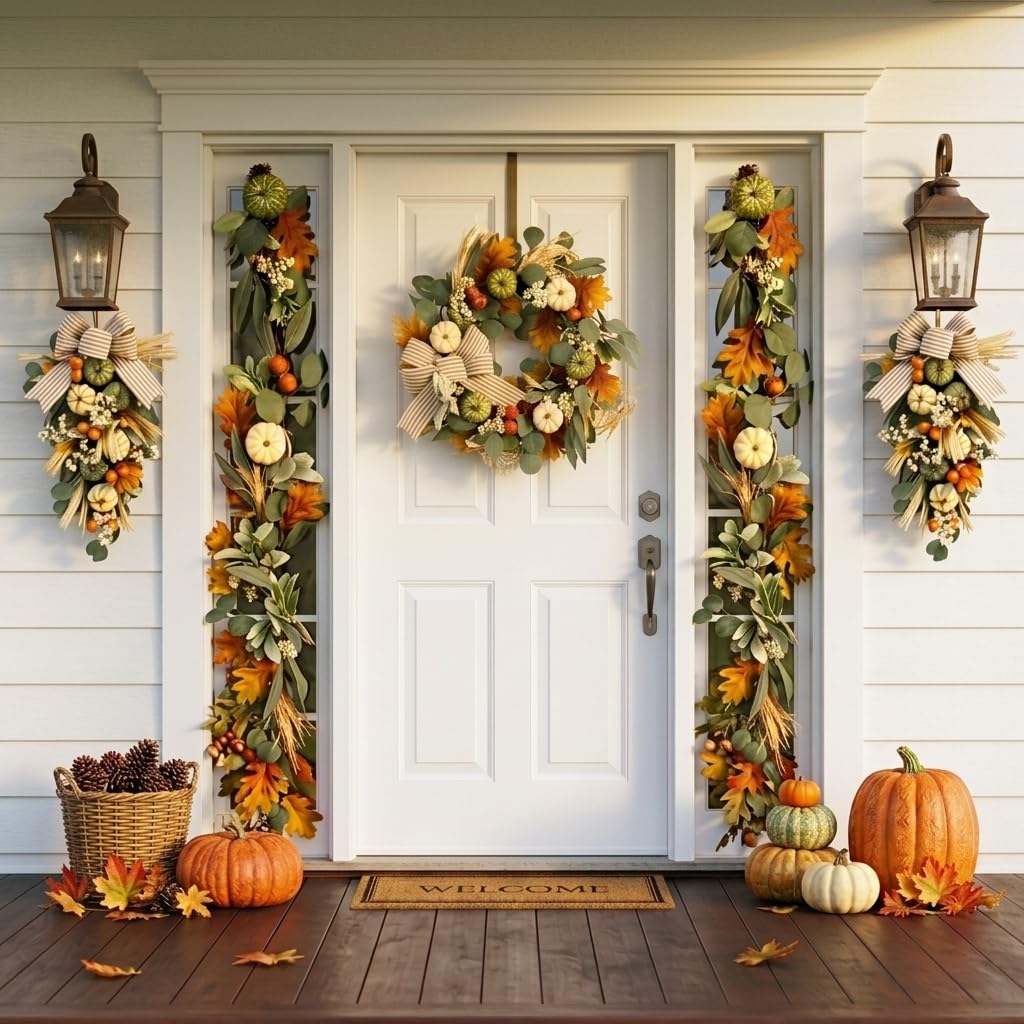Valery Madelyn Fall Wreaths for Front Door Outside, 20'' Farmhouse Autumn Door Wreath with Lights White Pumpkins Bow, Outdoor Fall Decorations for Home Porch Thanksgiving Harvest Table Centerpiece