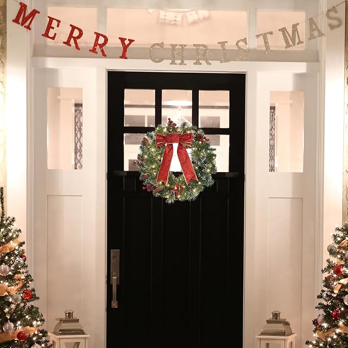 DiliComing 16-Inch Pre-Lit Winter Wreath - Large Christmas Door Wreath, Front Door & Window Decorations