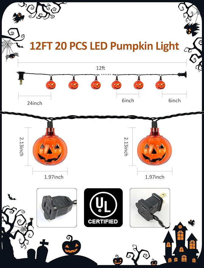 Bright Halloween Pumpkin String Lights, 12ft 20 LED UL Listed String Lights, Easy Plug-in & Connectable for Instant Indoor/Outdoor Party Atmosphere & Porch Decor