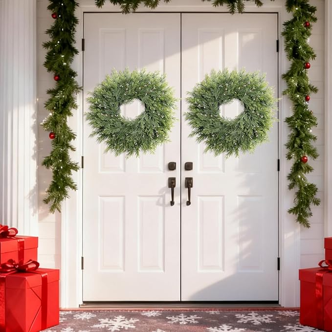 26'' Lush Christmas Cedar Wreath for Front Door, Porch, Window- Artificial Cedar Leaves Greenery Outdoor Christmas Wreath for Home, Farmhouse Wall Decor- Spring, Summer, Fall, Christmas Decor