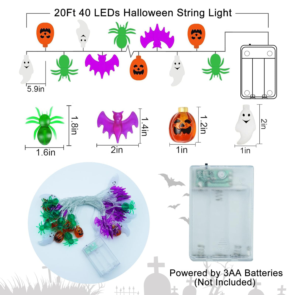 Halloween Lights Decor, 20FT 40 LED 3D Pumpkin Bat Ghost Spider Battery Operated String Lights, Waterproof Twinkle Light for Home Room Door Window Porch Indoor Outdoor Halloween Party Decorations