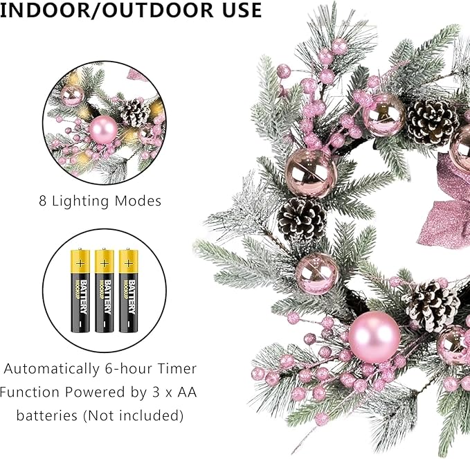 Pink Christmas Wreath 20 Inch Christmas Door Decorations Wreath Set of 2 with Christmas Balls, Pine Cones, Golden Twigs, Pine Needles and Silver Berries,Perfect for Front Door, Indoor Outdoor Use