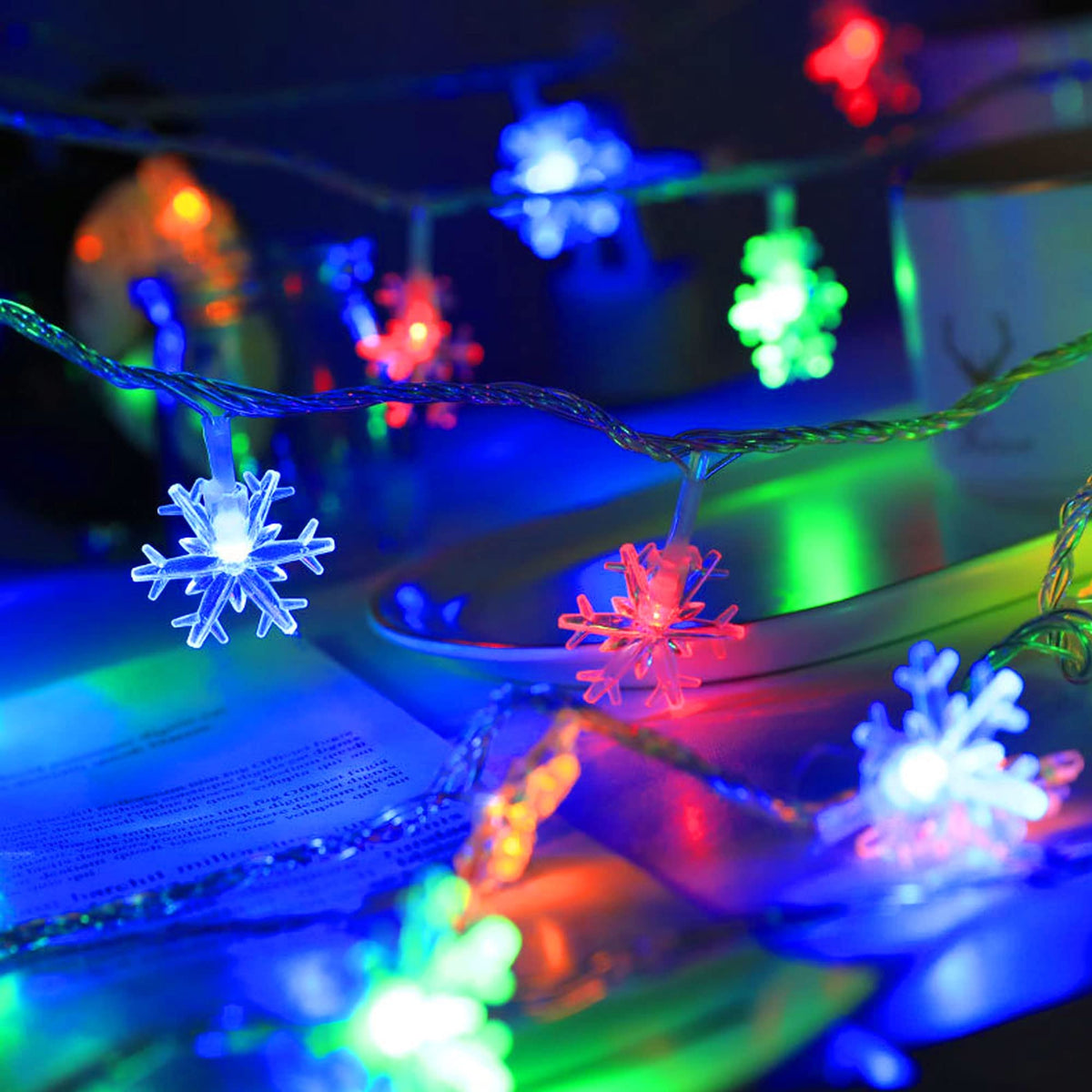 Dazzle Bright Snowflake String Lights, 100LED 50FT, Battery Operated, 8 Lighting Modes, Multicolor, Indoor Outdoor Christmas Decorations