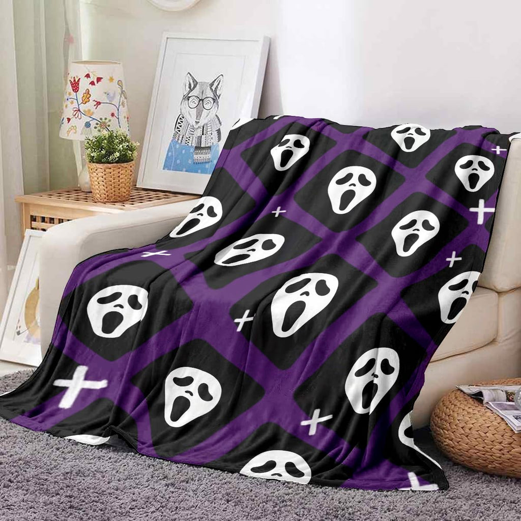 Halloween Spooky Face Blanket, Purple and Black, Soft Ghost Throw for Travel, Office, Home (60" x 50")