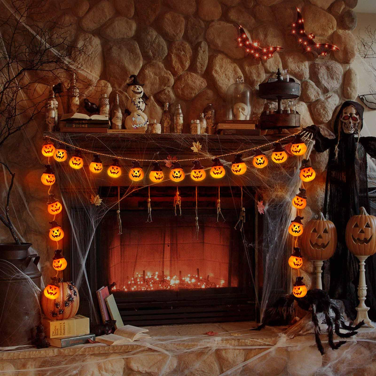 Abkshine Battery Operated Pumpkin Lights for Halloween Decorations Indoor, Jack-o-Lantern String Lights for Halloween Party Front Door Porch Fireplace Camper Golf Cart Parade Garland Wreath Decor