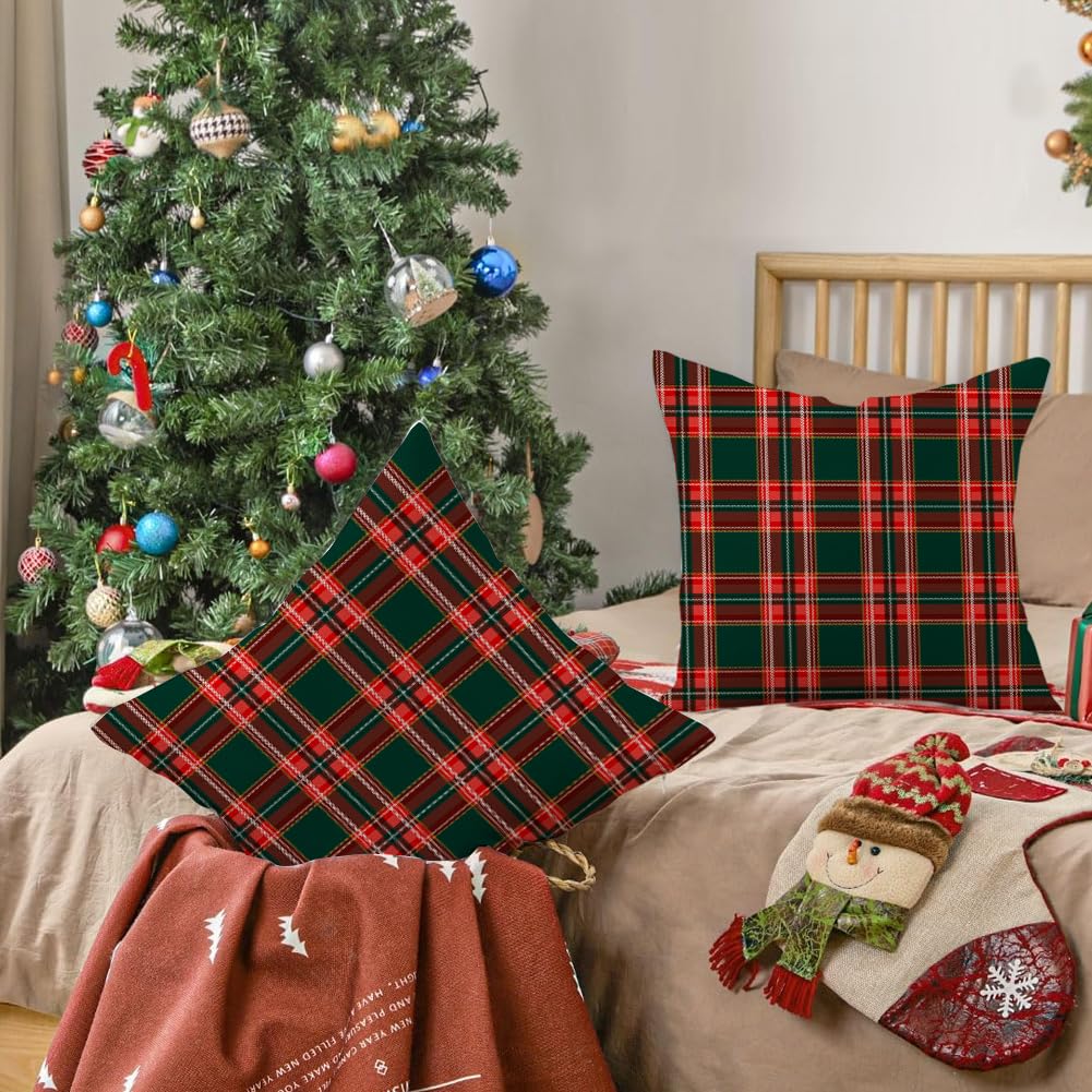 RABUSOFA Christmas Pillow Covers 18x18 Inch Set of 2 Indoor Outdoor Waterproof Scottish Tartan Plaid Classic Throw Decorative Cushion Cases for Christmas Decor Decorations for Home Couch Patio