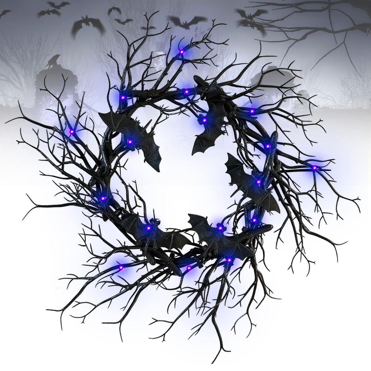 Artificial Halloween Black Branch Wreath with Bats,Handcrafted Halloween Horror Wreath Sparkling Hanging Decorations for Indoor Outdoor Party Window Wall Decor Farmhouse Garland Yard