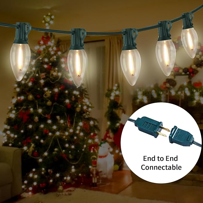 C9 LED Christmas Lights Outdoor 25FT, 25 Energy Efficient Warm White Vintage Bulbs, Connectable, Weatherproof for Roof, Xmas Tree, Porch, Yard, Patio, Holiday Decor - Green Wire