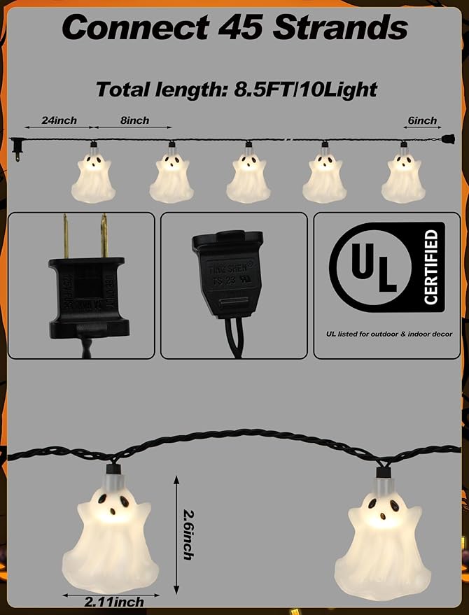 8.5FT Halloween Ghost String Lights Outdoor, Fairy Decorations Lights with 12 LED Bulbs, Waterproof Halloween Decor Hanging String Lights for Bedroom Yard Party Garden Window, Ghost