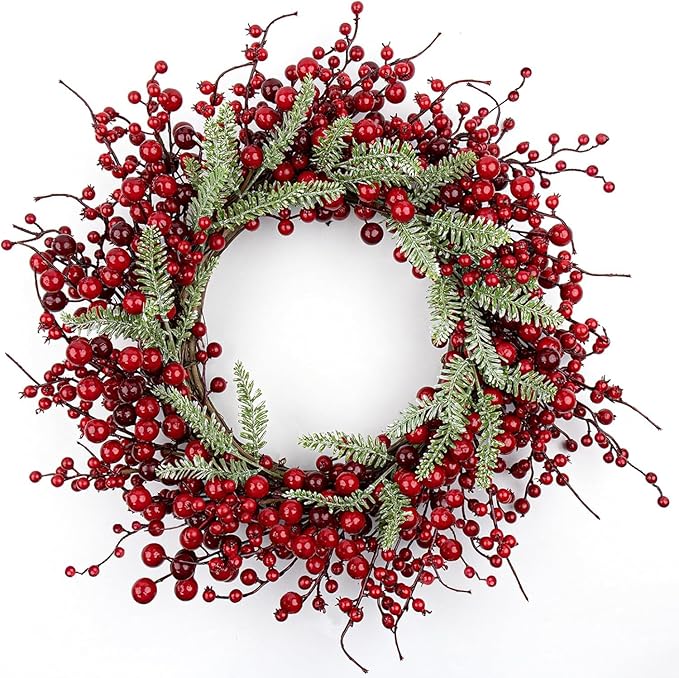 20 Inches Red Christmas Wreath Farmhouse Christmas Wreaths for Front Door Classic Winter Holiday Wreath with Red Berry Fir Pine Needle for Doors Window Indoors Porches Outside