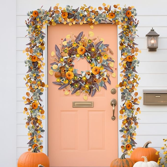 Fall Wreaths for Front Door, 20" Fall Wreath with Lights, Artificial Autumn Door Wreaths-Pumpkin, Berry Branch, Mixed Leaves Decor for Home Outside Indoor Wall Harvest Festival Thanksgiving Decoration