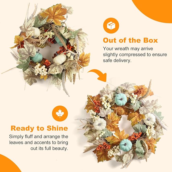 Fall Wreaths for Front Door in 20 inch, Artificial Autumn Leaves with White and Blue Pumpkins, Orange Berries, Farmhouse Fall Decorations, Front Door, Wall, Wedding, Thanksgiving, Autumn